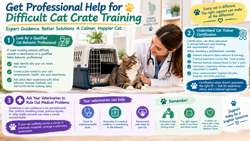 Veterinarian gently examining a tabby cat beside an open pet carrier, illustrating professional support for cat crate training, behavior concerns, and travel anxiety.