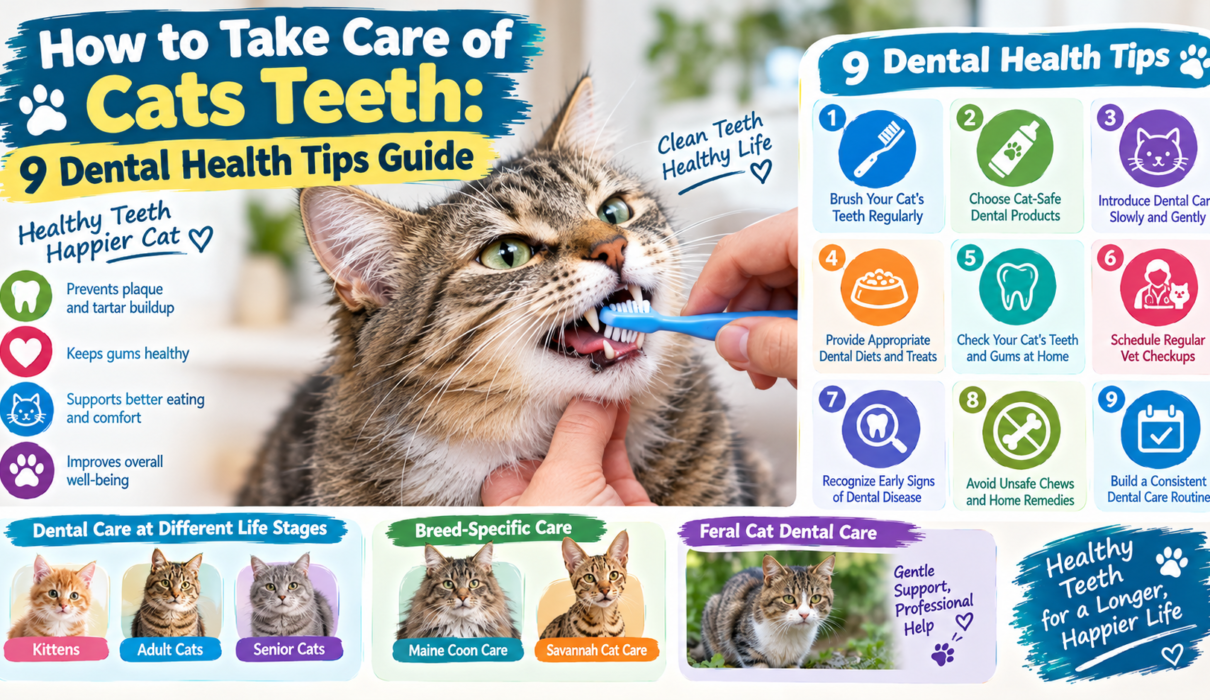 How to take care of cats teeth with nine dental health tips, including brushing, cat-safe dental products, healthy treats, and veterinary checkups or cat care clinic west.