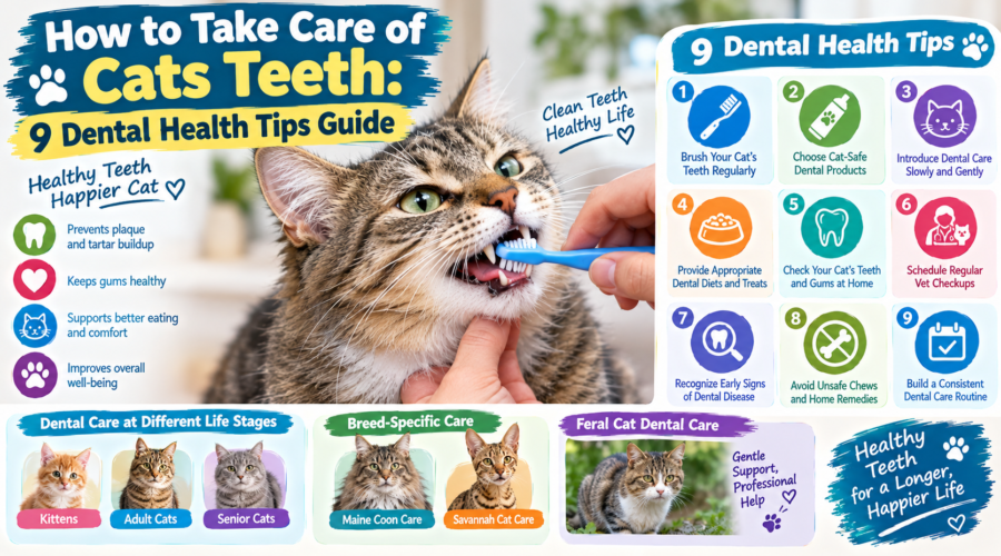 How to take care of cats teeth with nine dental health tips, including brushing, cat-safe dental products, healthy treats, and veterinary checkups or cat care clinic west.