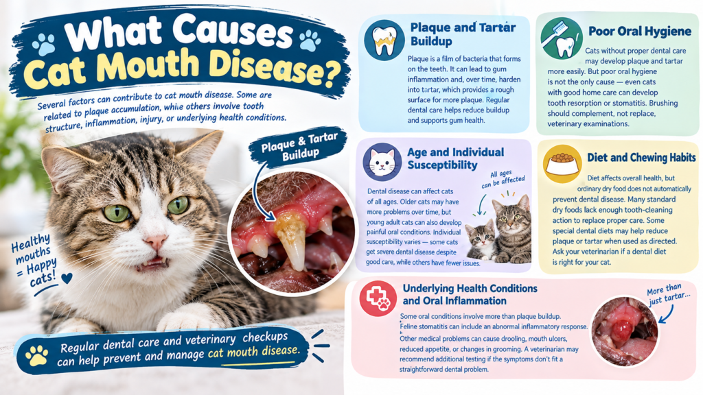 What causes cat mouth disease, showing a tabby cat, plaque and tartar buildup, inflamed gums, and common dental health risk factors.