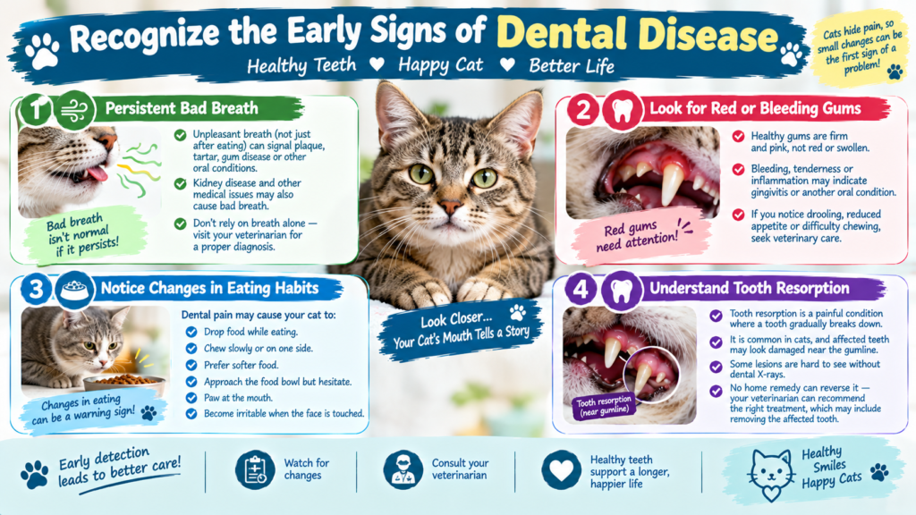 Early signs of dental disease in cats, including bad breath, red or bleeding gums, changes in eating habits, and tooth resorption.