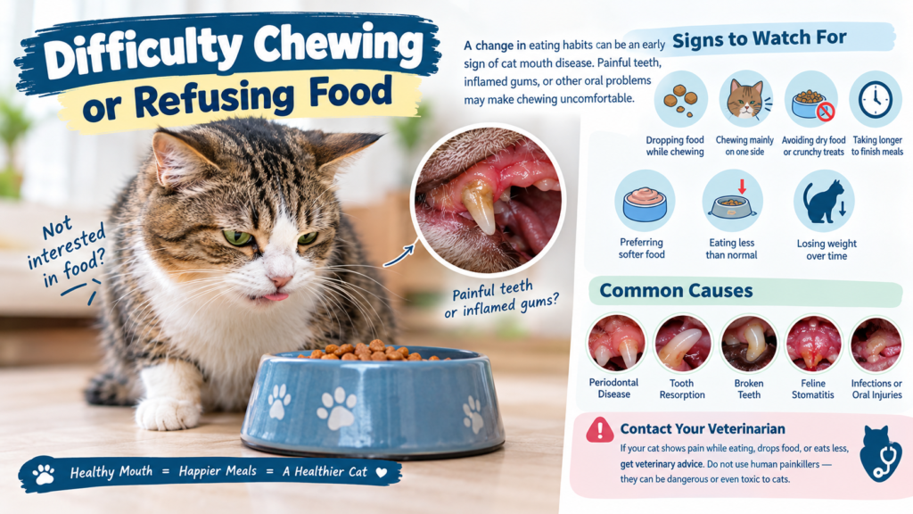 : Difficulty chewing or refusing food in cats due to possible mouth disease, showing a cat beside a food bowl and common dental problems.