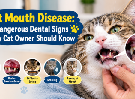 Cat mouth disease showing five dental warning signs, including bad breath, swollen gums, difficulty eating, drooling, and pawing at the mouth.