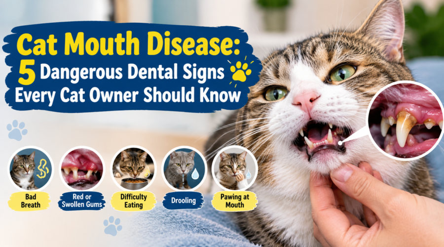 Cat mouth disease showing five dental warning signs, including bad breath, swollen gums, difficulty eating, drooling, and pawing at the mouth.