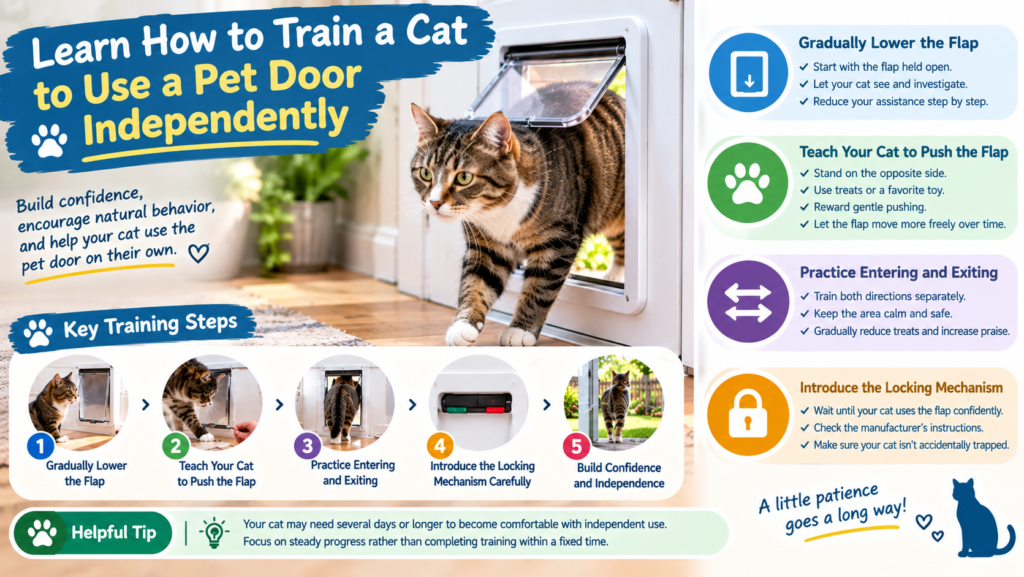 Tabby cat learning how to use a pet door independently with gradual flap training and positive reinforcement.