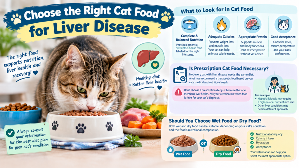 Choose the right cat food for liver disease, featuring a tabby cat eating wet food, dry kibble, and tips for supporting feline liver health.