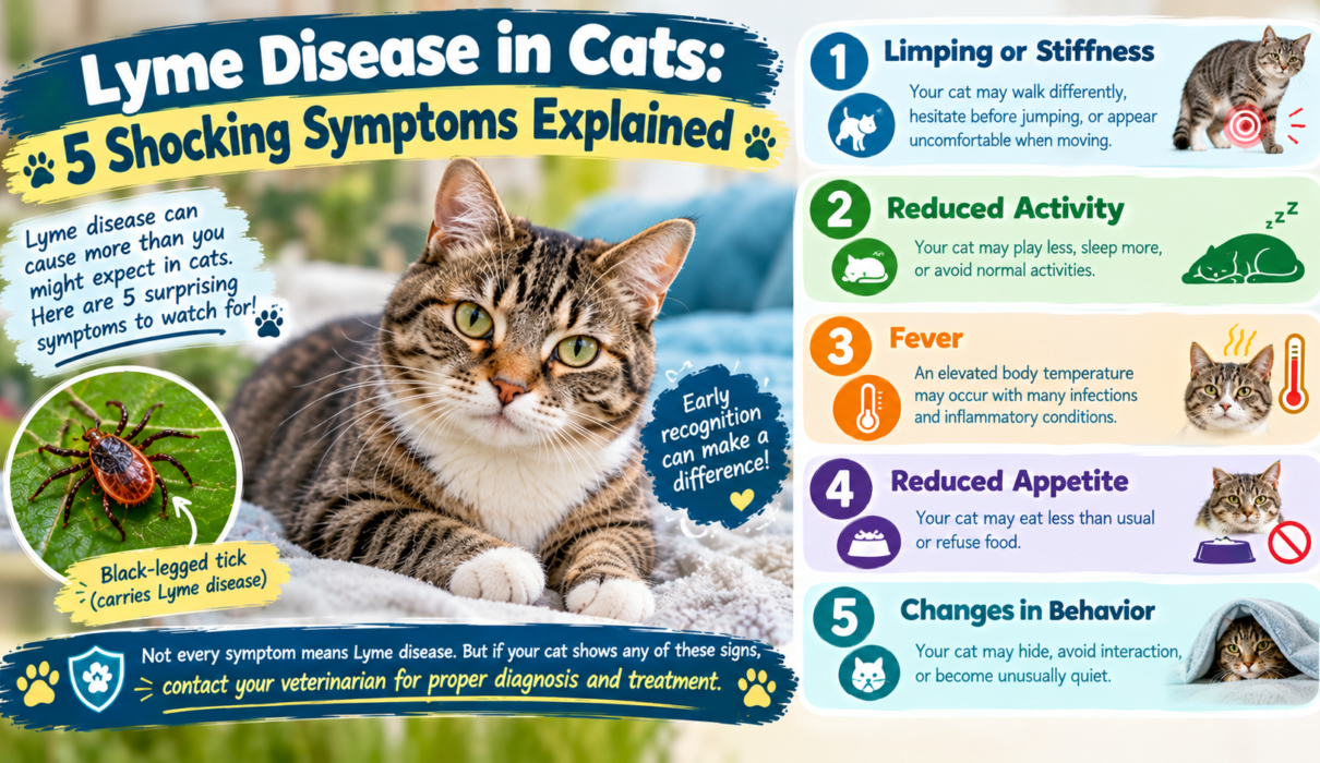 Lyme disease in cats showing a tabby cat beside a black-legged tick and five possible symptoms, including limping, reduced activity, fever, loss of appetite, and behavioral changes.