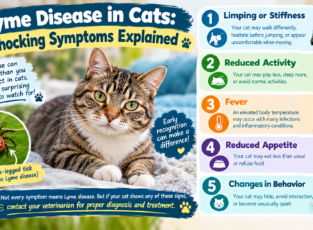 Lyme disease in cats showing a tabby cat beside a black-legged tick and five possible symptoms, including limping, reduced activity, fever, loss of appetite, and behavioral changes.