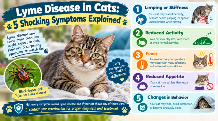 Lyme disease in cats showing a tabby cat beside a black-legged tick and five possible symptoms, including limping, reduced activity, fever, loss of appetite, and behavioral changes.