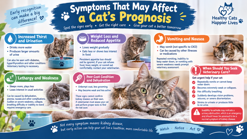 Symptoms that may affect a cat’s prognosis, including increased thirst and urination, weight loss, reduced appetite, vomiting, lethargy, dehydration, and warning signs requiring urgent veterinary care.