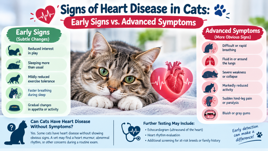 Signs of heart disease in cats showing early symptoms like reduced activity and faster sleeping breaths versus advanced symptoms like breathing difficulty, collapse, and hind-leg paralysis.