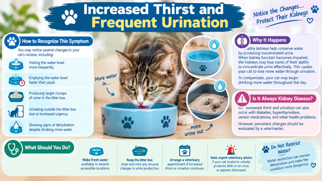 Cat drinking water beside a litter box, illustrating increased thirst and frequent urination as possible signs of kidney disease in cats.