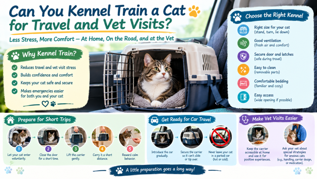 Tabby-and-white cat sitting comfortably inside a secure pet carrier in a car, illustrating kennel training for safe travel and less stressful veterinary visits.