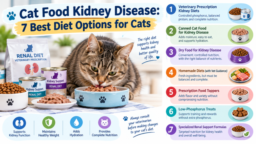 Cat food kidney disease guide showing seven diet options, including prescription renal diets, canned cat food, dry food, and kidney-support nutrition.