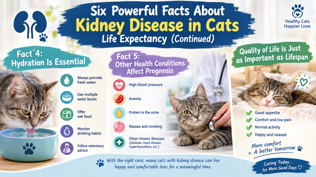 Six powerful facts about kidney disease in cats life expectancy, featuring a cat drinking water, hydration tips, veterinary care, related health conditions, and quality-of-life guidance.