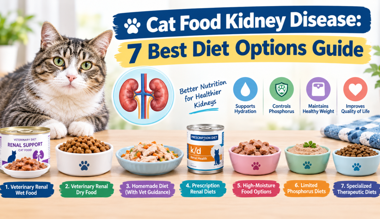 Cat food kidney disease diet guide featuring a tabby cat, kidney illustration, renal food bowls, prescription cat food, and seven diet options for cats with kidney disease.