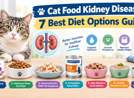 Cat food kidney disease diet guide featuring a tabby cat, kidney illustration, renal food bowls, prescription cat food, and seven diet options for cats with kidney disease.