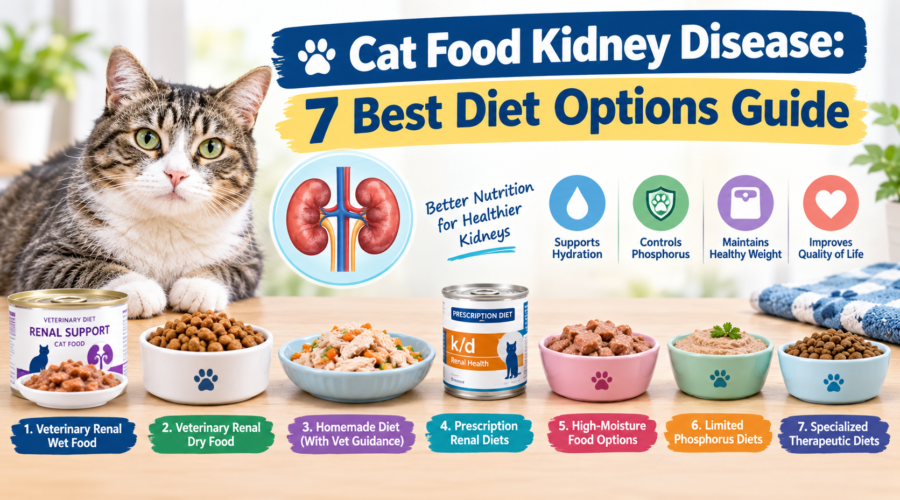 Cat food kidney disease diet guide featuring a tabby cat, kidney illustration, renal food bowls, prescription cat food, and seven diet options for cats with kidney disease.