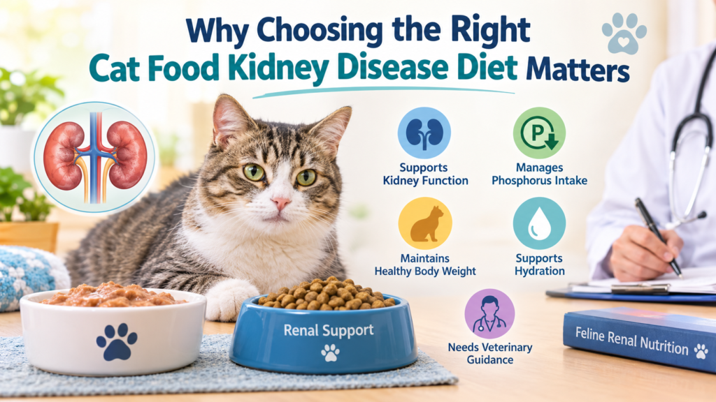 Cat food kidney disease diet with a tabby cat, renal support food bowls, kidney health illustration, and veterinary nutrition guidance.