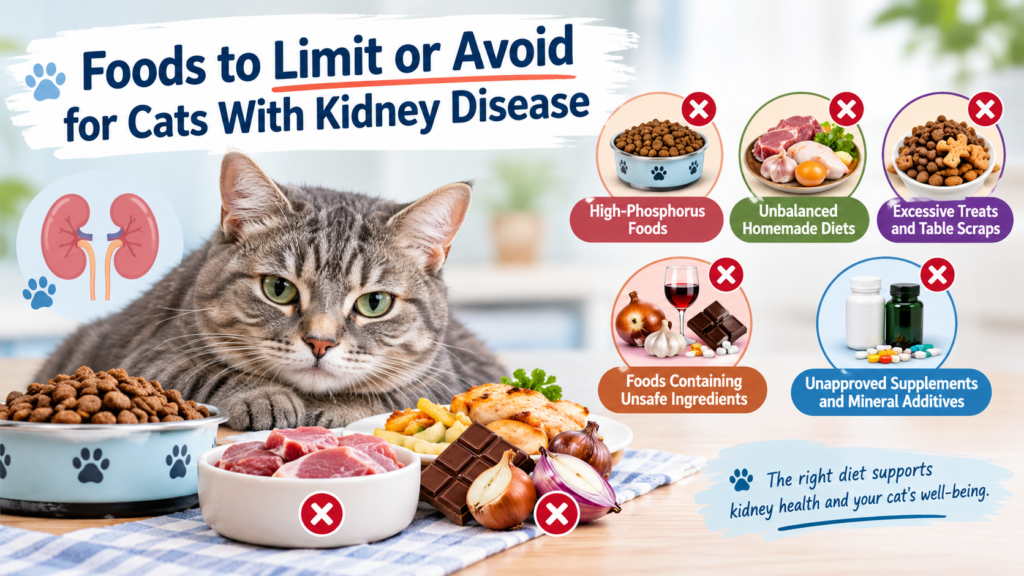 Foods to limit or avoid for cats with kidney disease, including high-phosphorus foods, treats, toxic ingredients, and unapproved supplements.