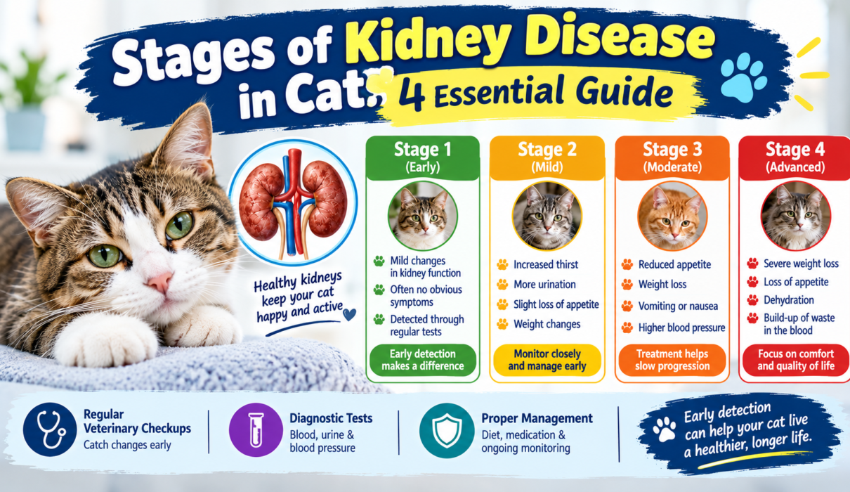 Stages of Kidney Disease in Cats showing all 4 stages, common symptoms, kidney health, and veterinary care.