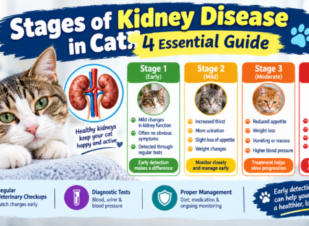 Stages of Kidney Disease in Cats showing all 4 stages, common symptoms, kidney health, and veterinary care.