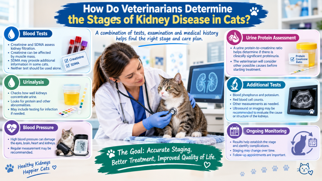 Veterinarian examining a cat while explaining kidney disease staging tests, including blood tests, urinalysis, blood pressure, urine protein assessment, and ongoing monitoring.