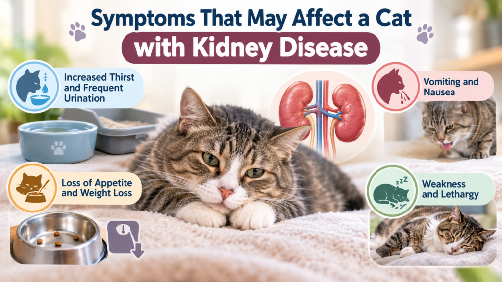 Symptoms that may affect a cat with kidney disease, including increased thirst, frequent urination, appetite loss, vomiting, and weakness.Is this conversation helpful so far?