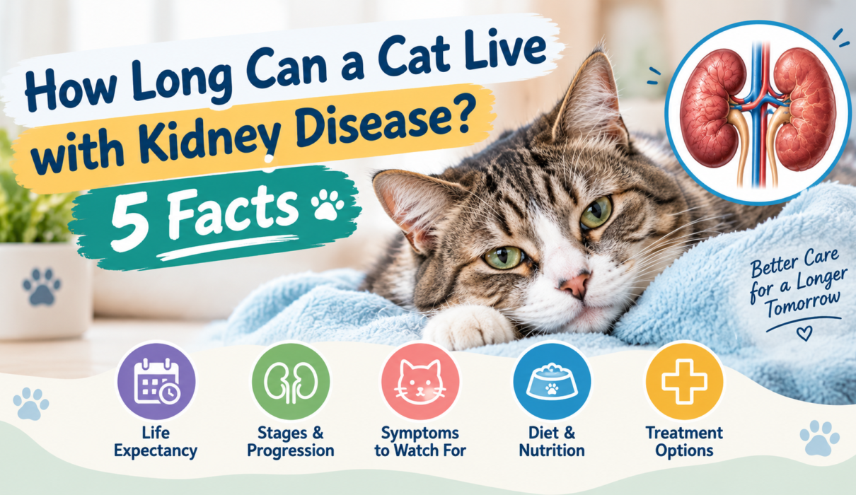 How long can a cat live with kidney disease infographic featuring a tabby cat and kidney illustration