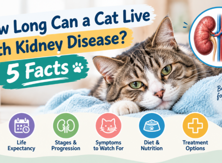 How long can a cat live with kidney disease infographic featuring a tabby cat and kidney illustration