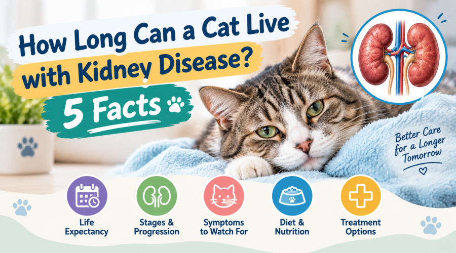 How long can a cat live with kidney disease infographic featuring a tabby cat and kidney illustration