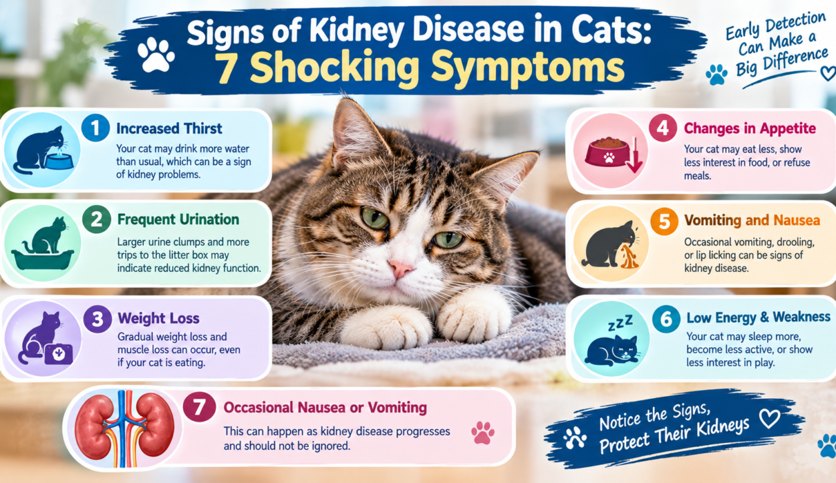 Signs of kidney disease in cats infographic showing a tabby cat and seven symptoms, including increased thirst, frequent urination, weight loss, appetite changes, vomiting, and low energy.