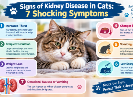 Signs of kidney disease in cats infographic showing a tabby cat and seven symptoms, including increased thirst, frequent urination, weight loss, appetite changes, vomiting, and low energy.
