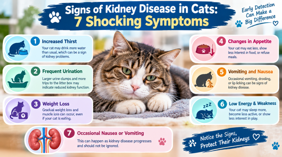Signs of kidney disease in cats infographic showing a tabby cat and seven symptoms, including increased thirst, frequent urination, weight loss, appetite changes, vomiting, and low energy.