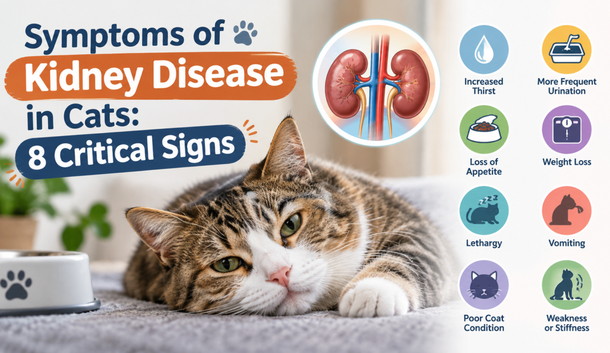 Symptoms of kidney disease in cats showing a tabby cat, kidney illustration, and eight critical warning signs