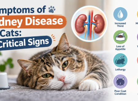 Symptoms of kidney disease in cats showing a tabby cat, kidney illustration, and eight critical warning signs