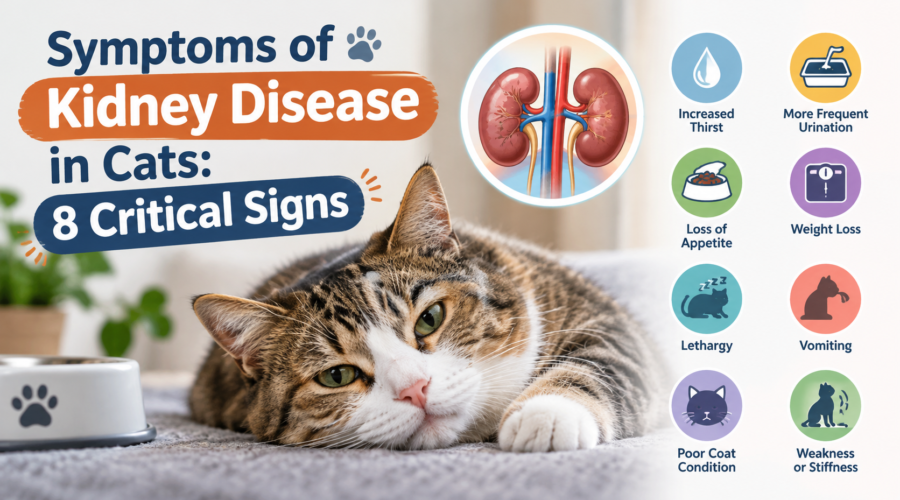 Symptoms of kidney disease in cats showing a tabby cat, kidney illustration, and eight critical warning signs