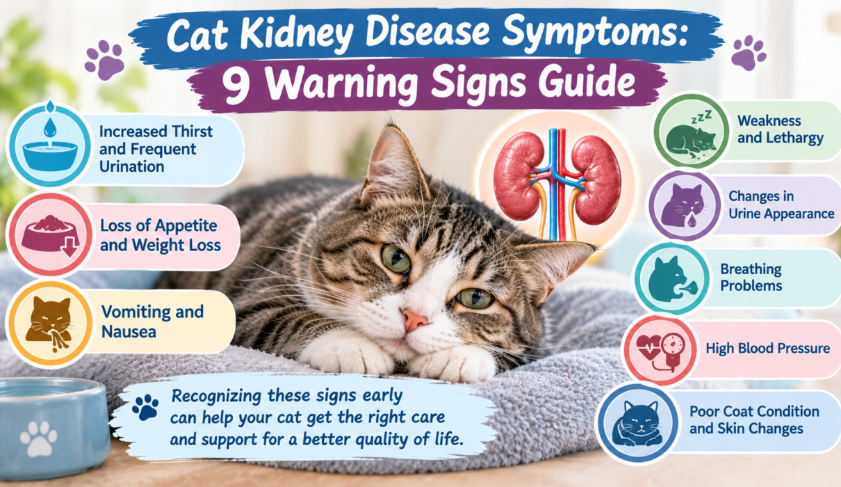 Cat kidney disease symptoms infographic showing increased thirst, frequent urination, appetite loss, vomiting, weakness, and other warning signs.