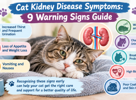 Cat kidney disease symptoms infographic showing increased thirst, frequent urination, appetite loss, vomiting, weakness, and other warning signs.
