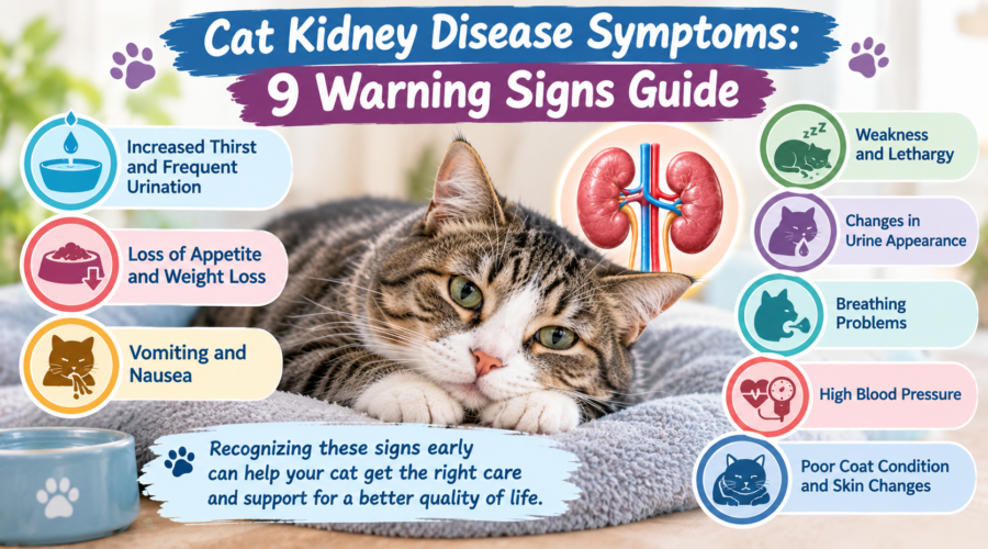 Cat kidney disease symptoms infographic showing increased thirst, frequent urination, appetite loss, vomiting, weakness, and other warning signs.