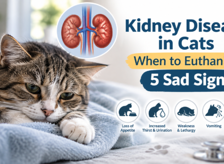 Kidney disease in cats when to euthanize, showing a tired cat and five sad signs including appetite loss, increased thirst, weakness, vomiting, and weight loss.