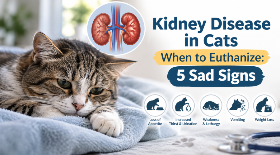 Kidney disease in cats when to euthanize, showing a tired cat and five sad signs including appetite loss, increased thirst, weakness, vomiting, and weight loss.