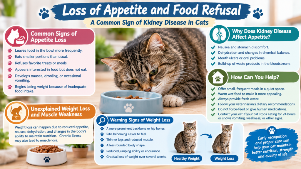 Loss of appetite and food refusal in cats with kidney disease, showing warning signs, weight loss, and supportive feeding tips.