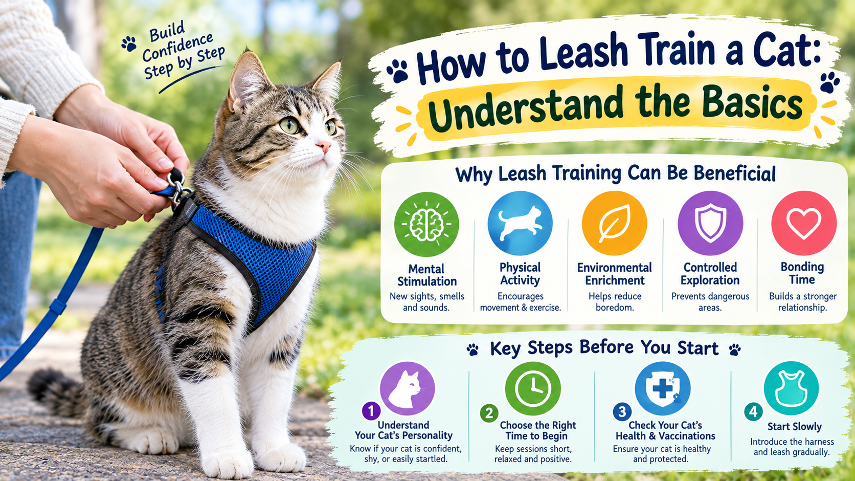 How to leash train a cat infographic featuring a tabby cat wearing a blue harness, with tips on training benefits, cat personality, health checks, and gradual harness introduction.