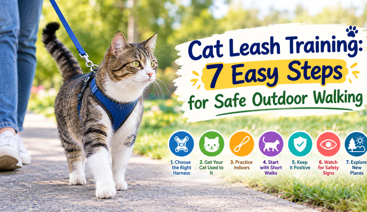 Cat leash training with a tabby and white cat wearing a blue harness and leash while walking outdoors in a sunny park