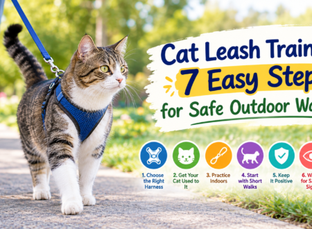 Cat leash training with a tabby and white cat wearing a blue harness and leash while walking outdoors in a sunny park