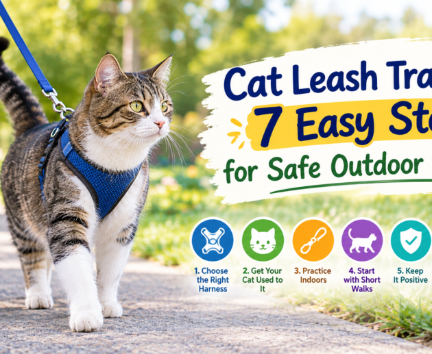 Cat leash training with a tabby and white cat wearing a blue harness and leash while walking outdoors in a sunny park