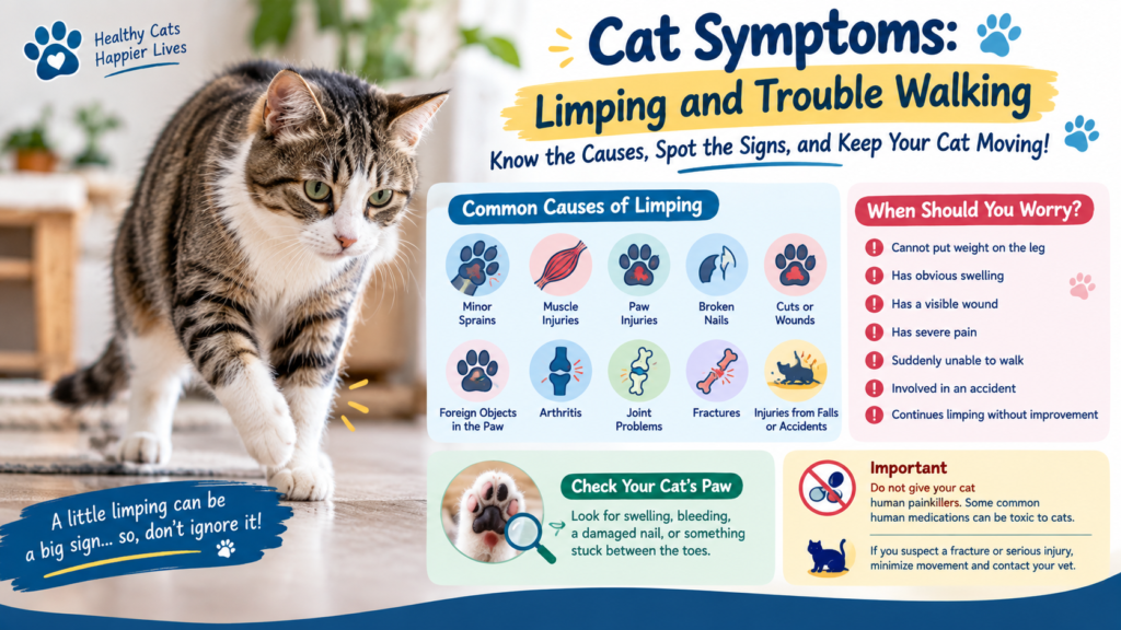 Cat limping and trouble walking, showing common causes, warning signs, and paw injury care