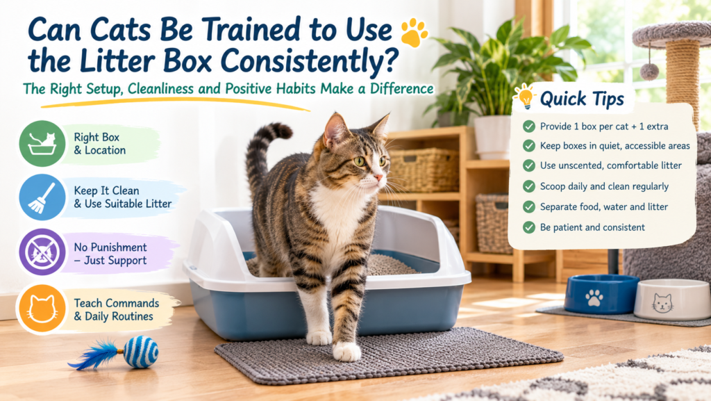 Tabby cat standing beside an open litter box in a bright home, illustrating proper litter-box setup, cleanliness, and consistent cat training.