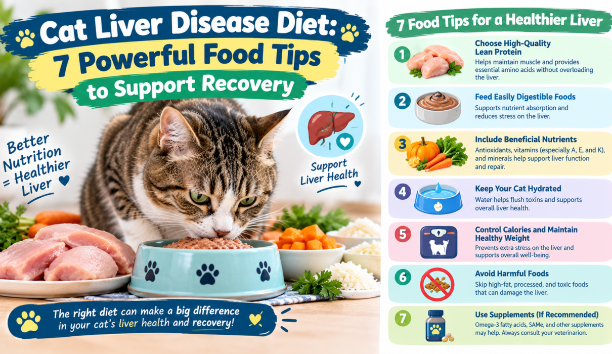 Cat liver disease diet featuring a tabby cat eating from a food bowl with seven nutrition tips to support liver health and recovery.